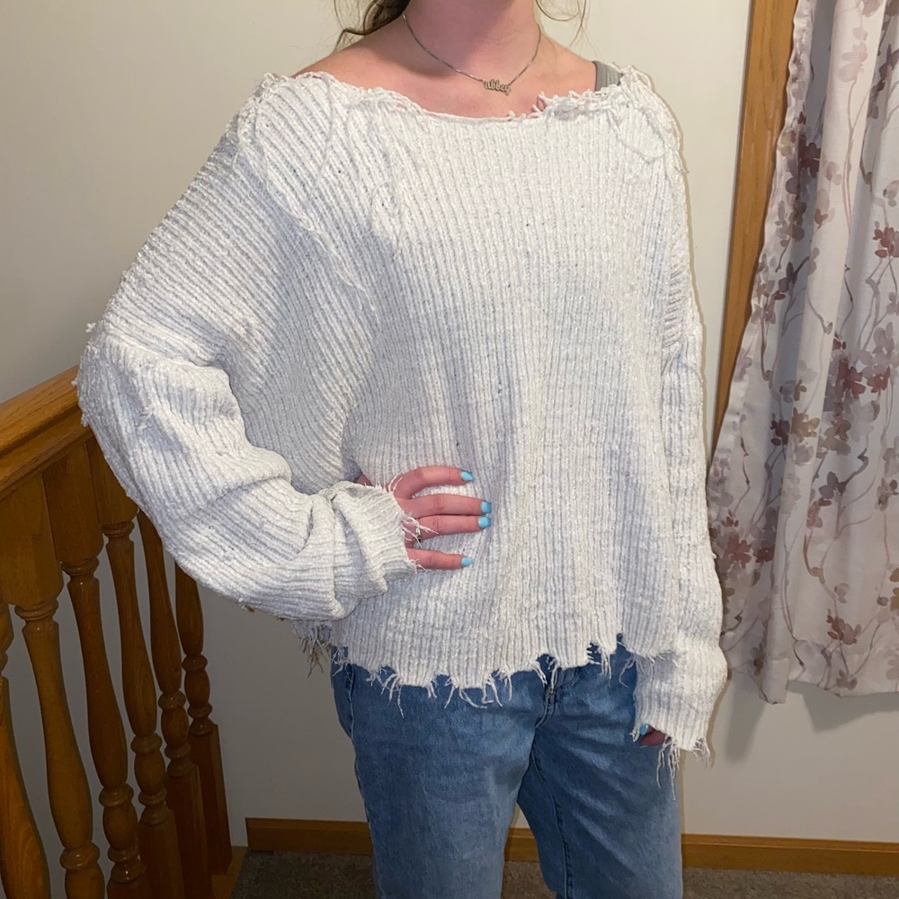 Cozy White Frayed Sweater